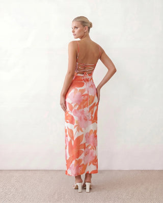 Seren Wedding Guest Abstract Print Maxi Dress in Abstract Orange — back view
