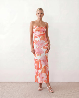 Seren Wedding Guest Abstract Print Maxi Dress in Abstract Orange — front view