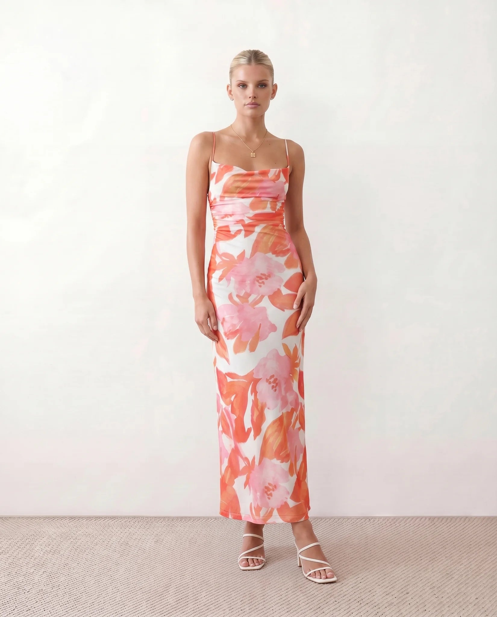 Seren Wedding Guest Abstract Print Maxi Dress in Abstract Orange — front view