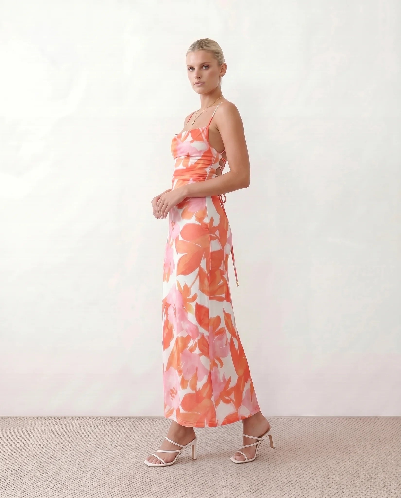 Seren Wedding Guest Abstract Print Maxi Dress in Abstract Orange — side view