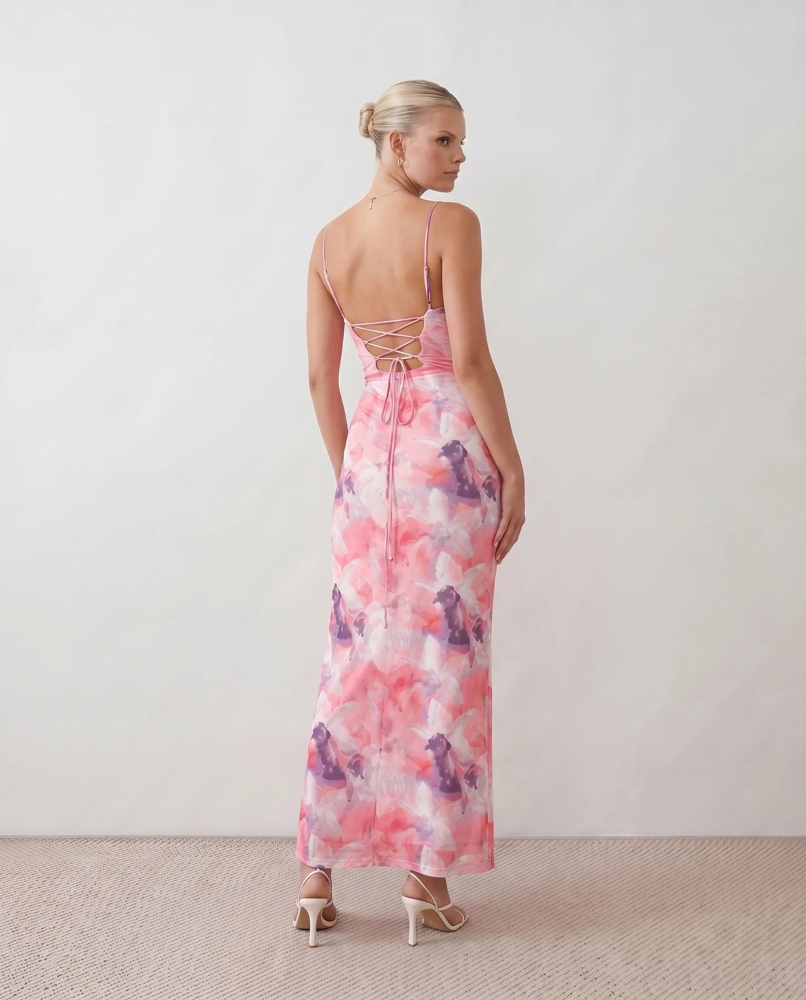 Seren Wedding Guest Abstract Print Maxi Dress in Abstract Pink — back view