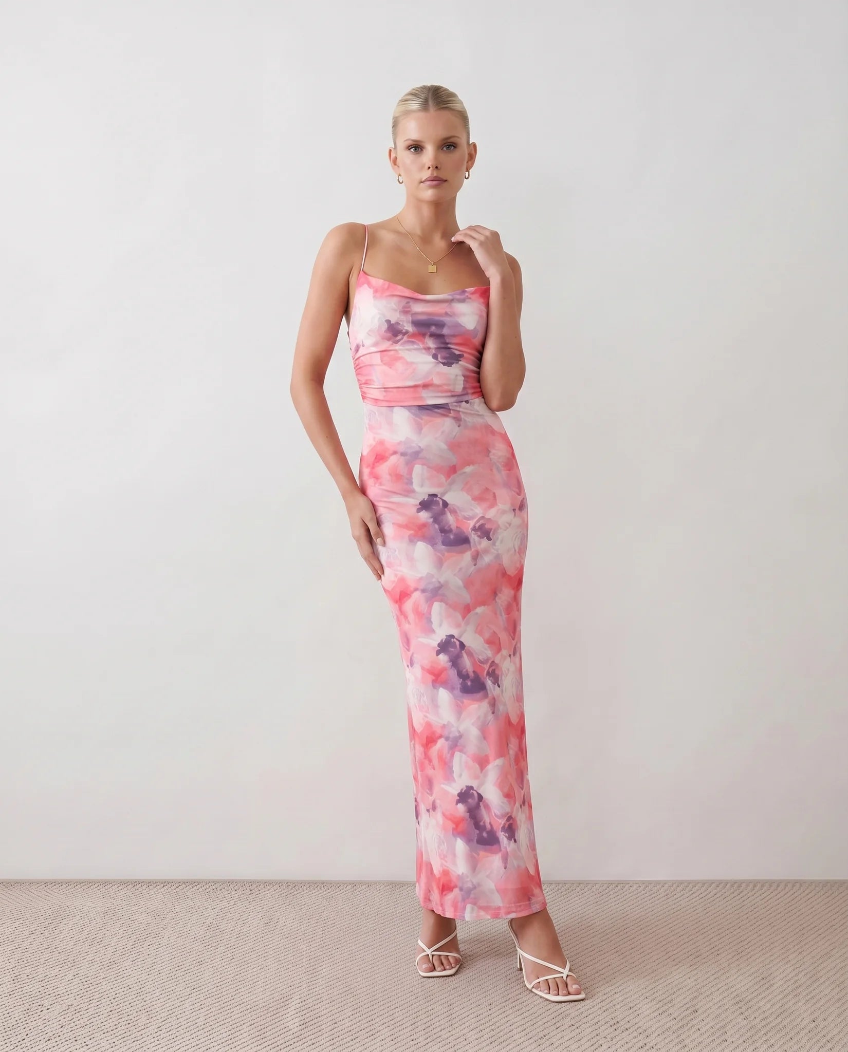 Seren Wedding Guest Abstract Print Maxi Dress in Abstract Pink — front view