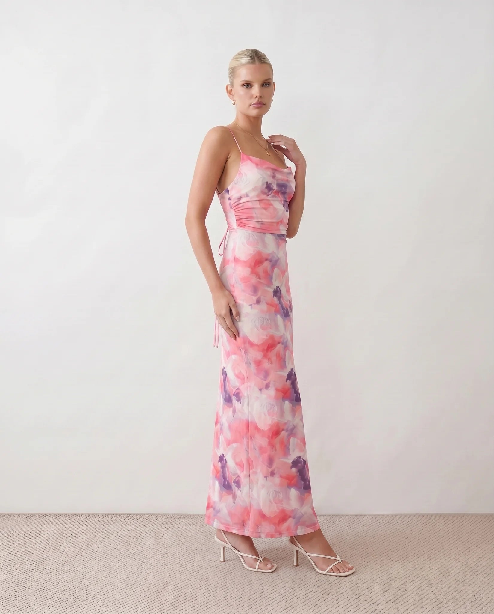 Seren Wedding Guest Abstract Print Maxi Dress in Abstract Pink — side view