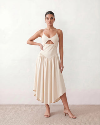 Willa Wedding Guest Spaghetti Strap Midi Dress in Beige — front view