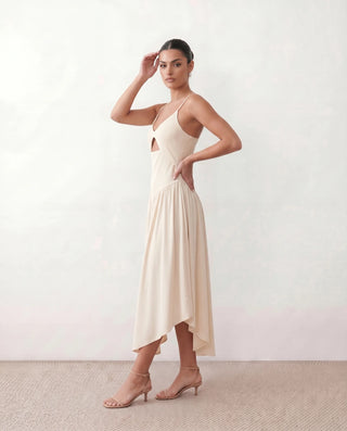 Willa Wedding Guest Spaghetti Strap Midi Dress in Beige — side view