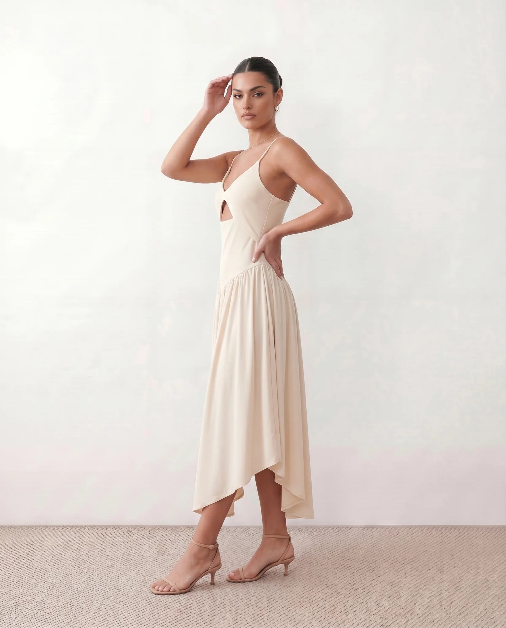 Willa Wedding Guest Spaghetti Strap Midi Dress in Beige — side view