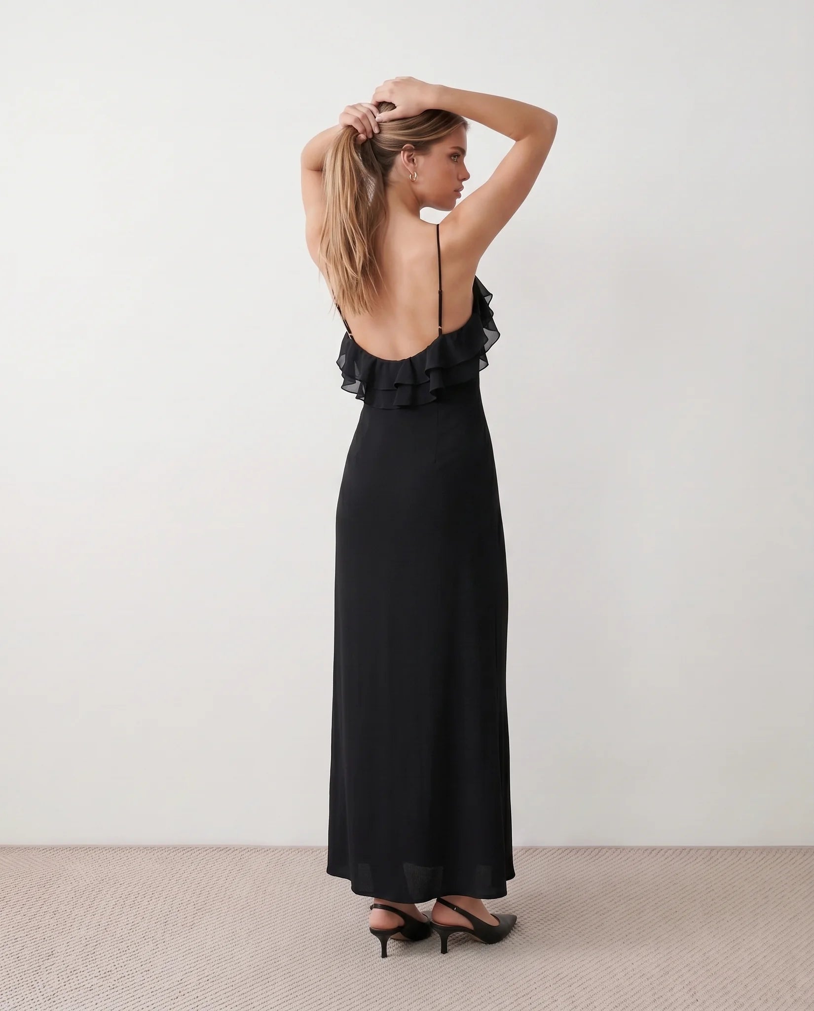 Nova Cocktail Spaghetti Strap Maxi Dress in Black — back view