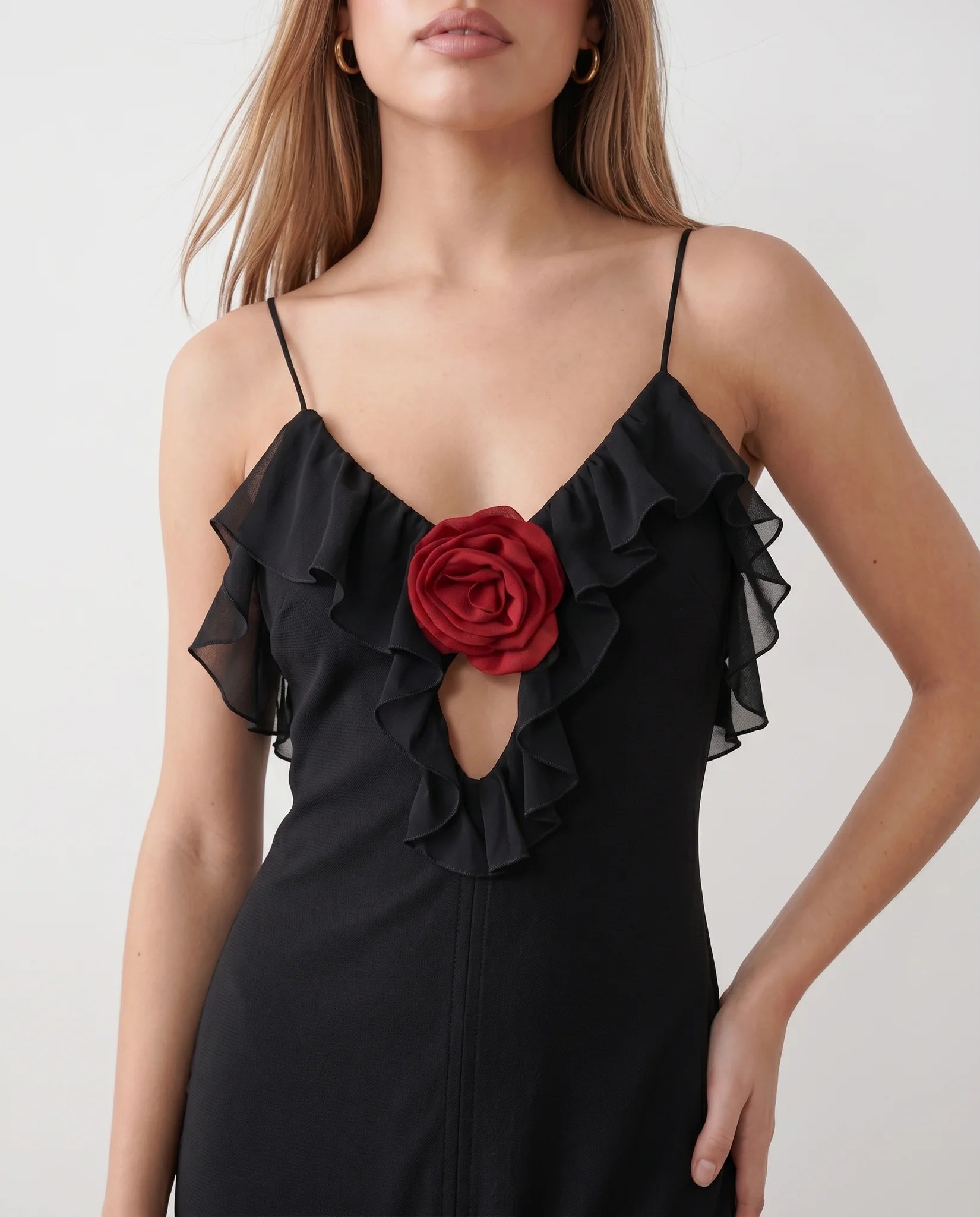 Nova Cocktail Spaghetti Strap Maxi Dress in Black — detail close-up
