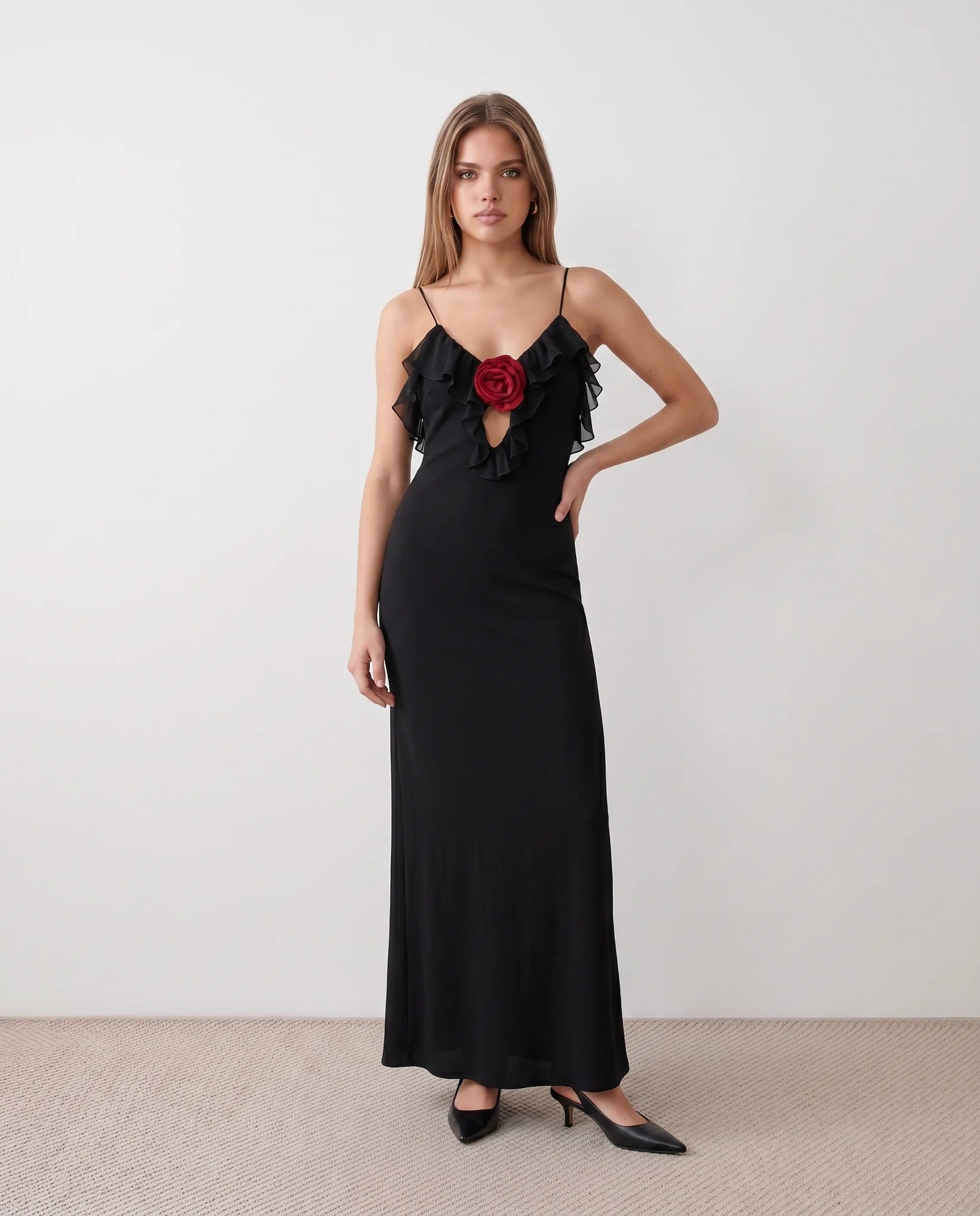 Nova Cocktail Spaghetti Strap Maxi Dress in Black — front view