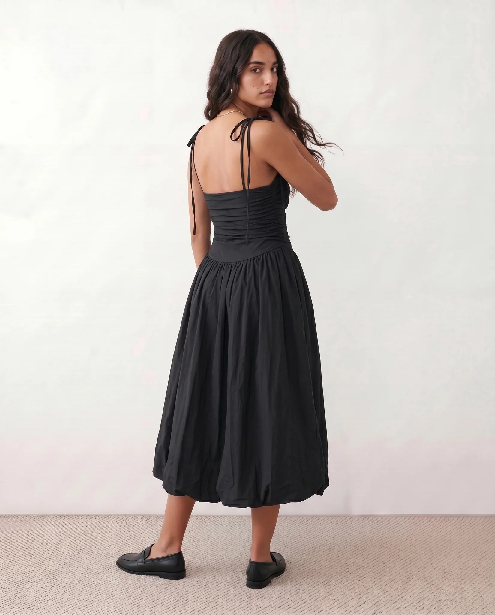 Pia Spaghetti Strap Square Neck Midi Dress in Black — back view