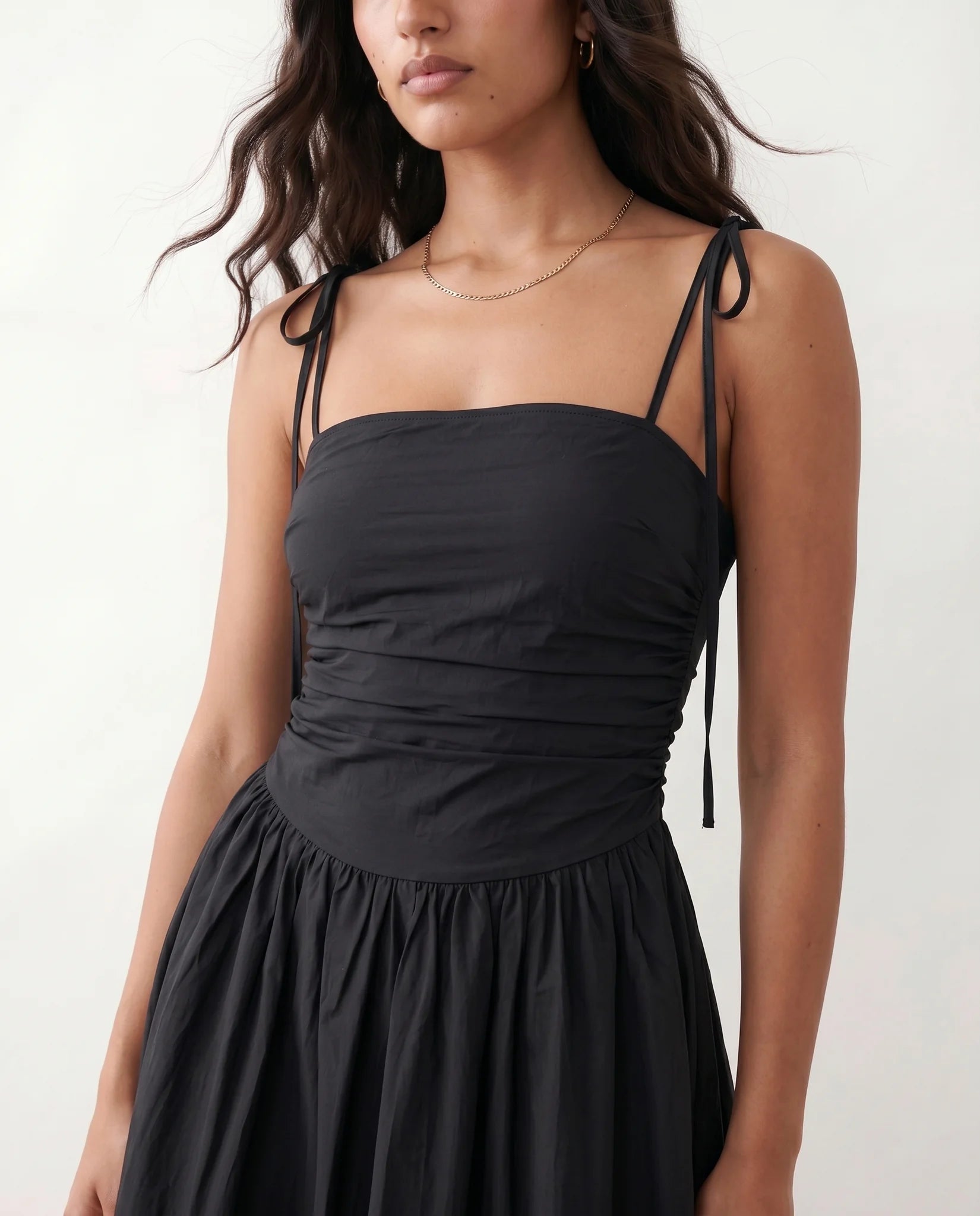 Pia Spaghetti Strap Square Neck Midi Dress in Black — detail close-up