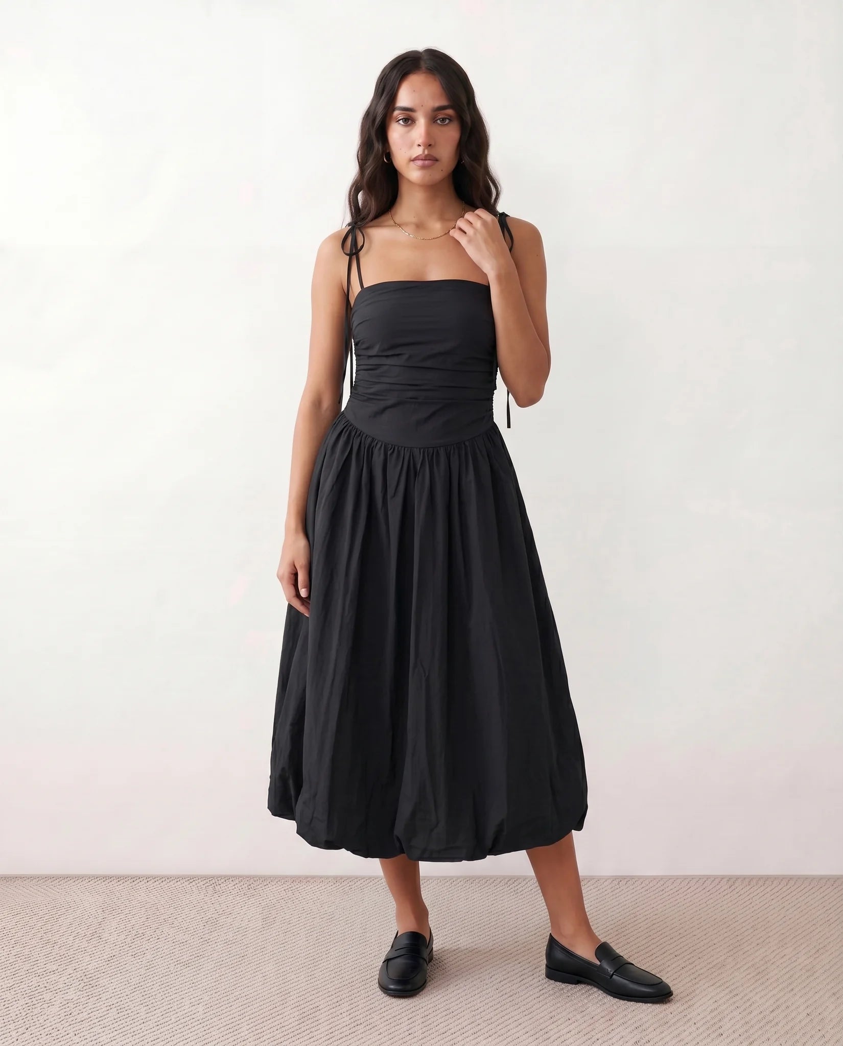 Pia Spaghetti Strap Square Neck Midi Dress in Black — front view