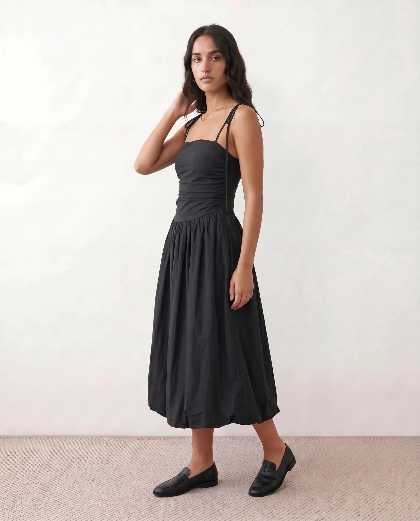 Pia Spaghetti Strap Square Neck Midi Dress in Black — side view