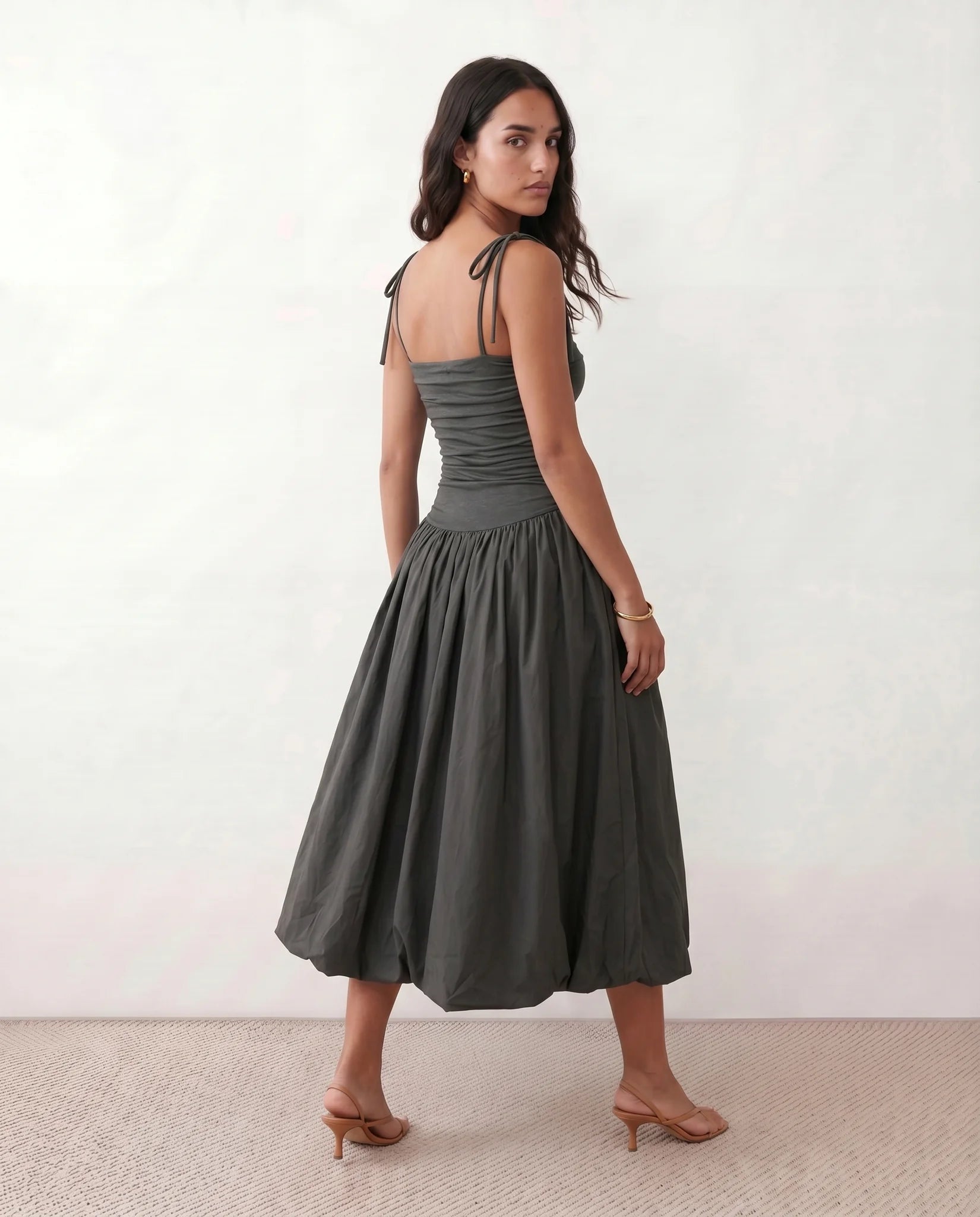 Pia Spaghetti Strap Square Neck Midi Dress in Gray — back view