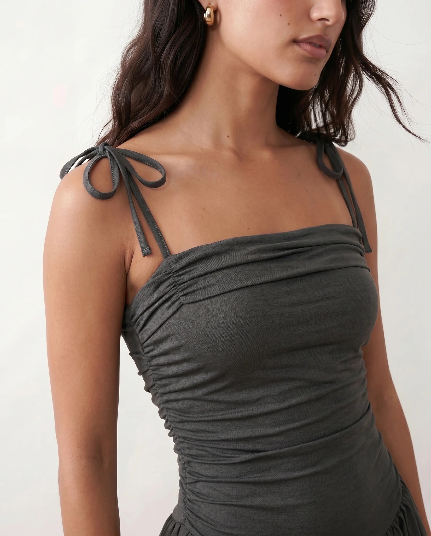 Pia Spaghetti Strap Square Neck Midi Dress in Gray — detail close-up