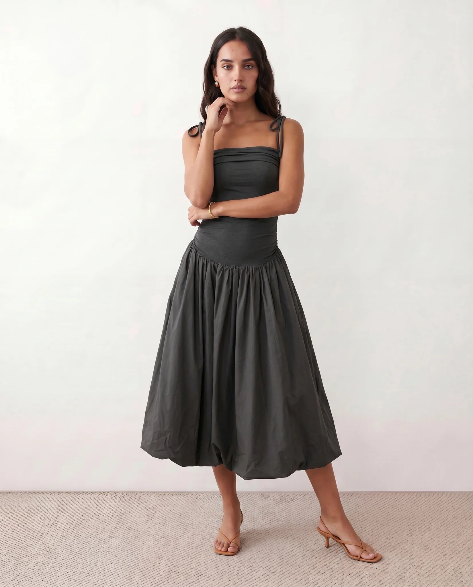 Pia Spaghetti Strap Square Neck Midi Dress in Gray — front view