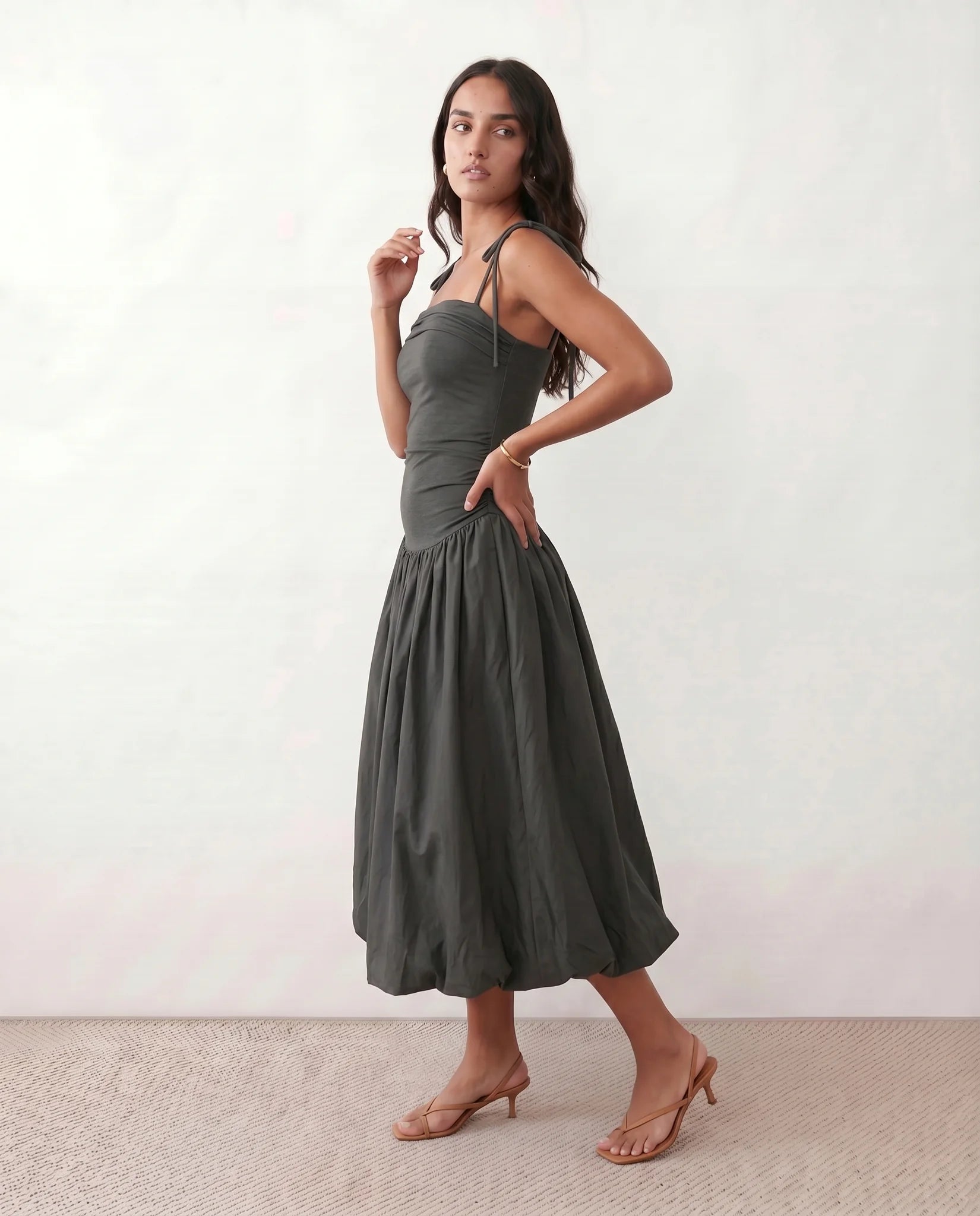 Pia Spaghetti Strap Square Neck Midi Dress in Gray — side view