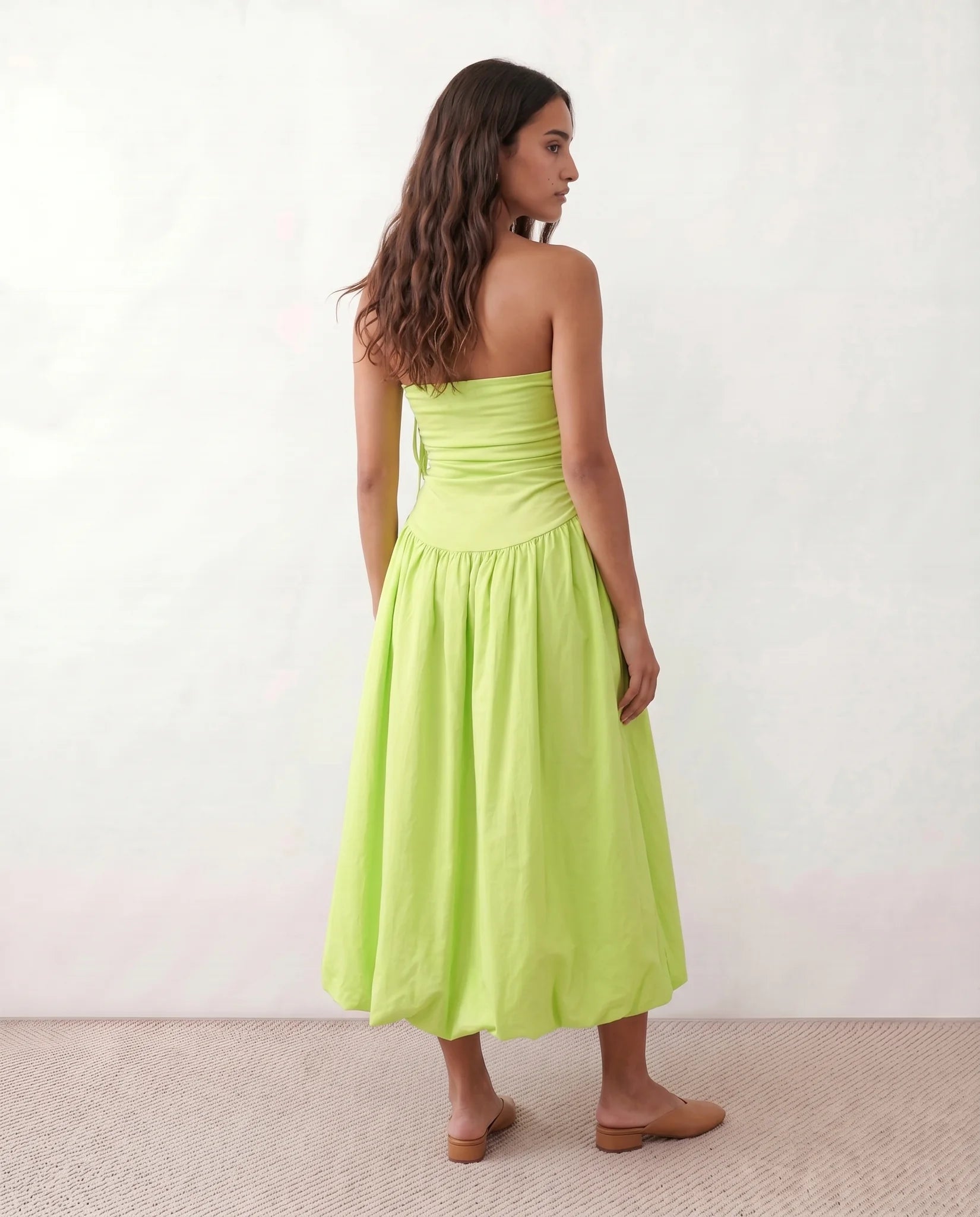 Pia Spaghetti Strap Square Neck Midi Dress in Lime — back view