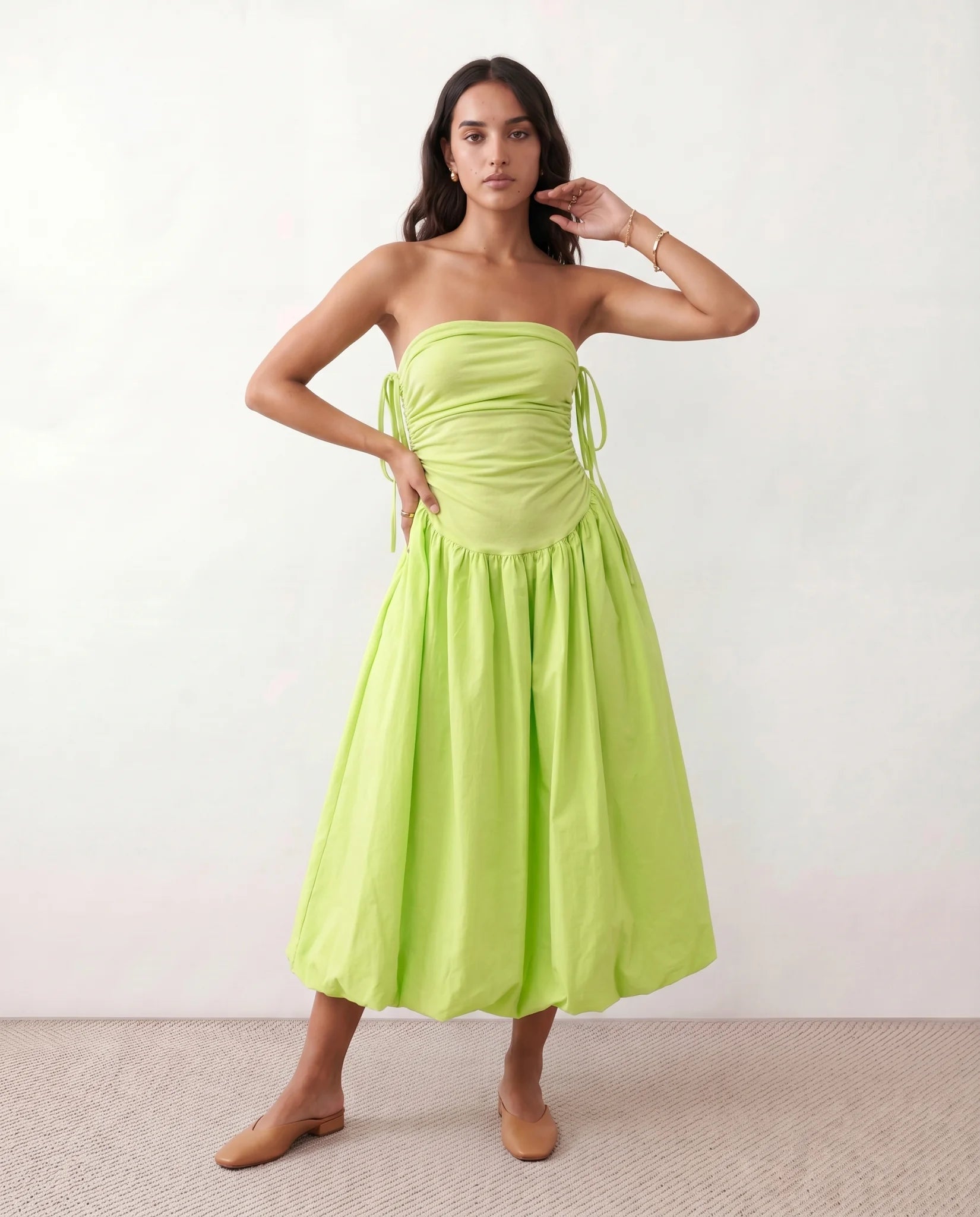 Pia Spaghetti Strap Square Neck Midi Dress in Lime — front view