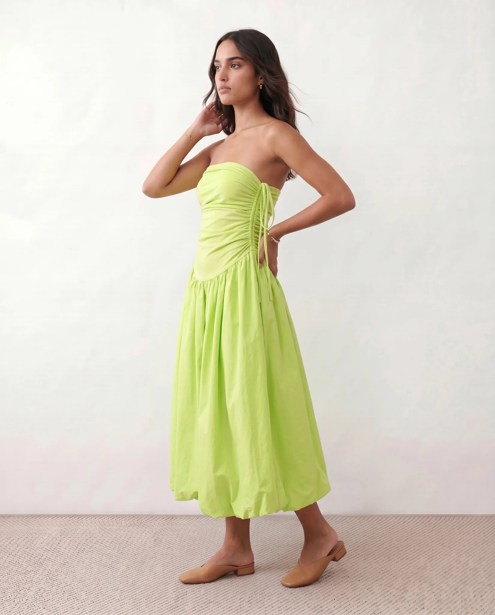 Pia Spaghetti Strap Square Neck Midi Dress in Lime — side view