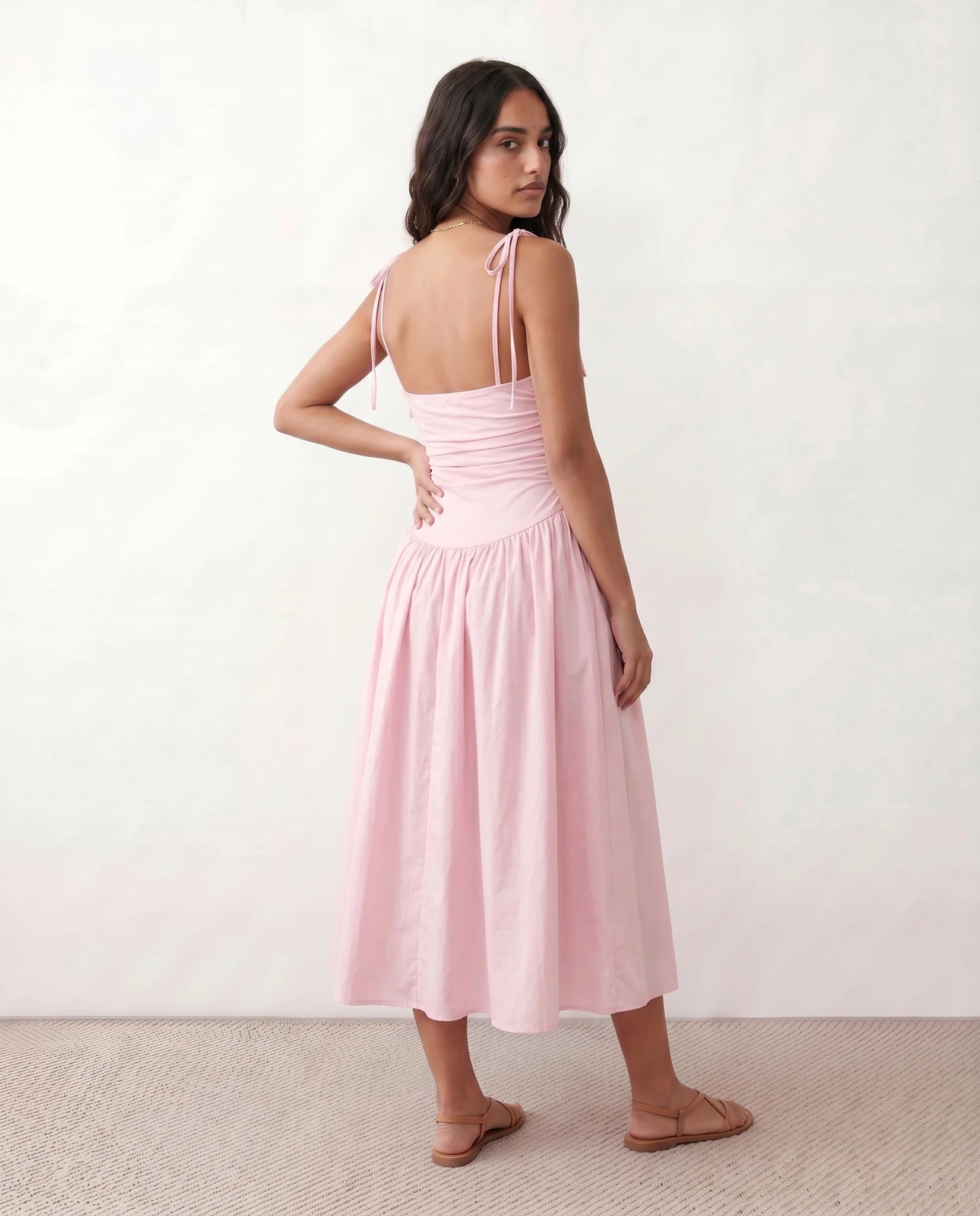 Pia Spaghetti Strap Square Neck Midi Dress in Pink — back view