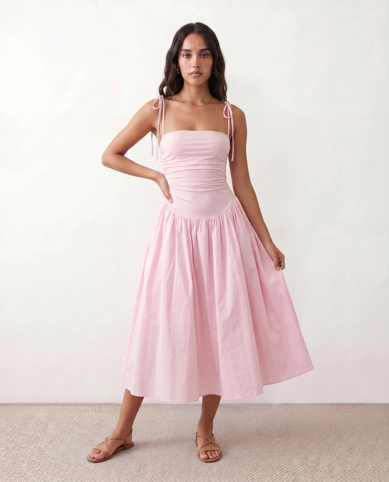 Pia Spaghetti Strap Square Neck Midi Dress in Pink — front view