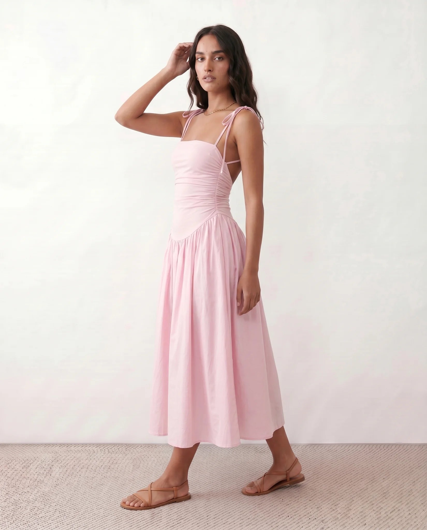 Pia Spaghetti Strap Square Neck Midi Dress in Pink — side view