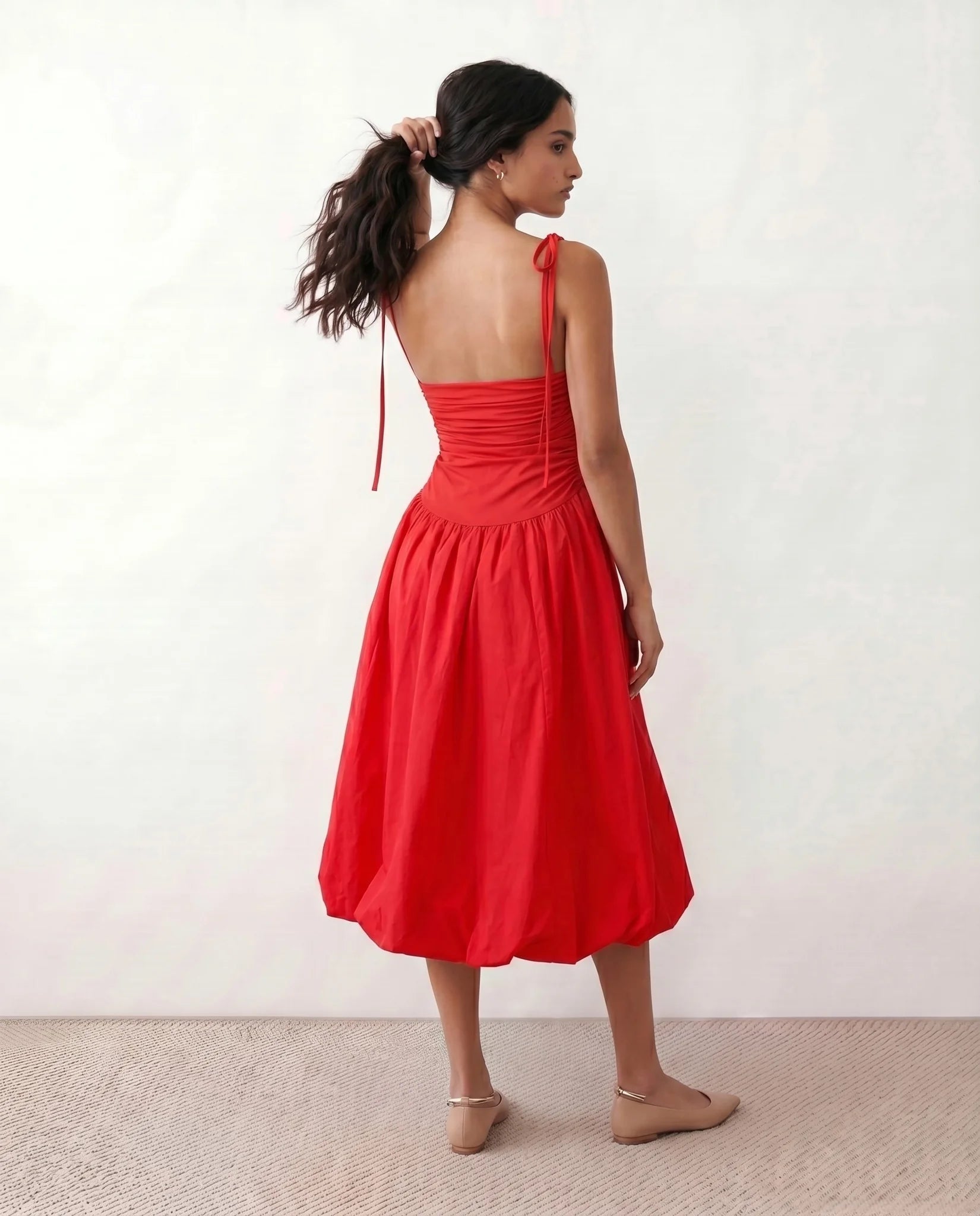 Pia Spaghetti Strap Square Neck Midi Dress in Red — back view