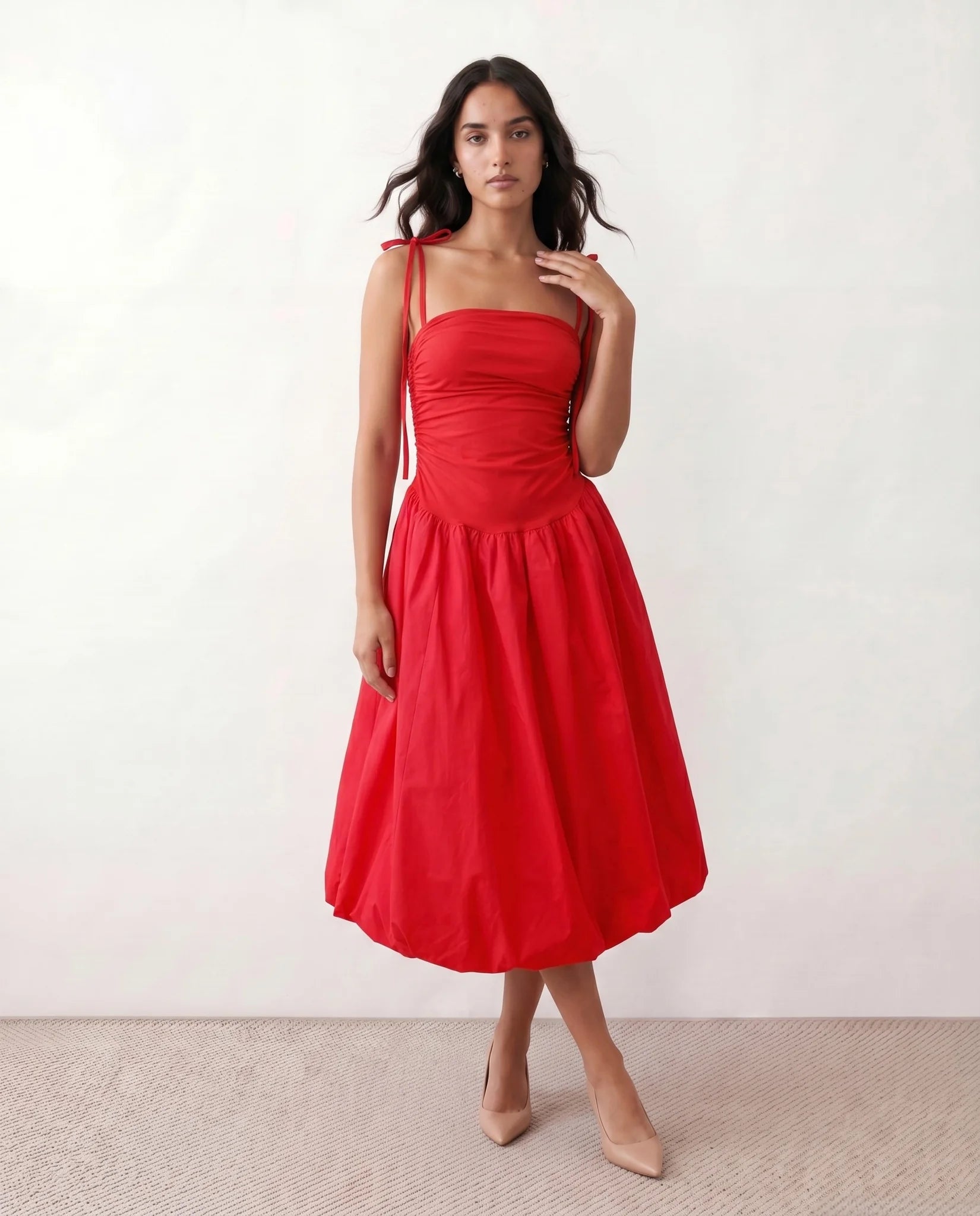 Pia Spaghetti Strap Square Neck Midi Dress in Red — front view