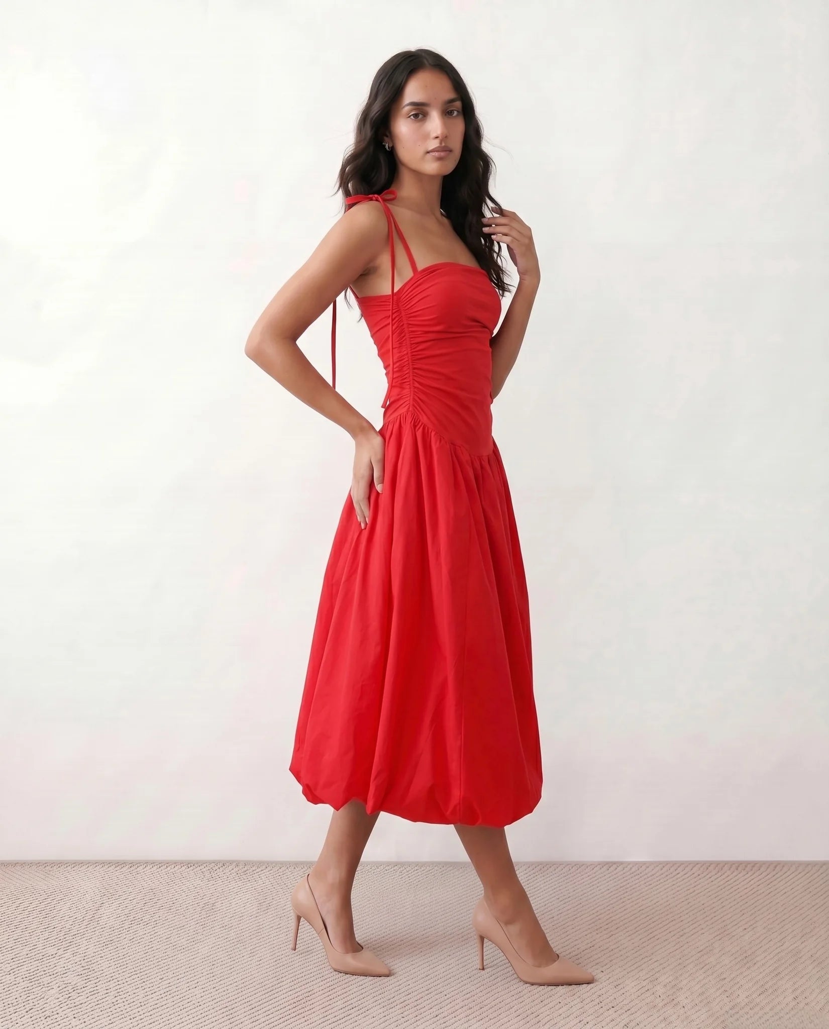Pia Spaghetti Strap Square Neck Midi Dress in Red — side view