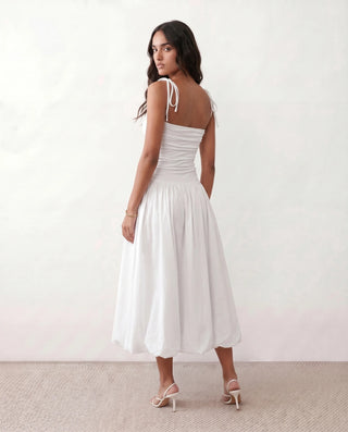 Pia Spaghetti Strap Square Neck Midi Dress in White — back view