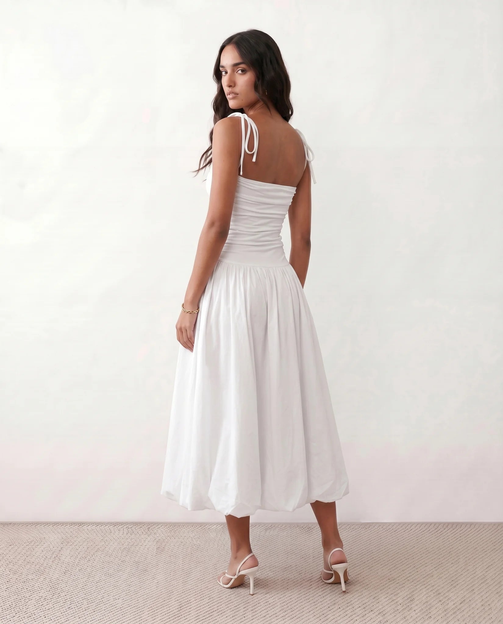 Pia Spaghetti Strap Square Neck Midi Dress in White — back view