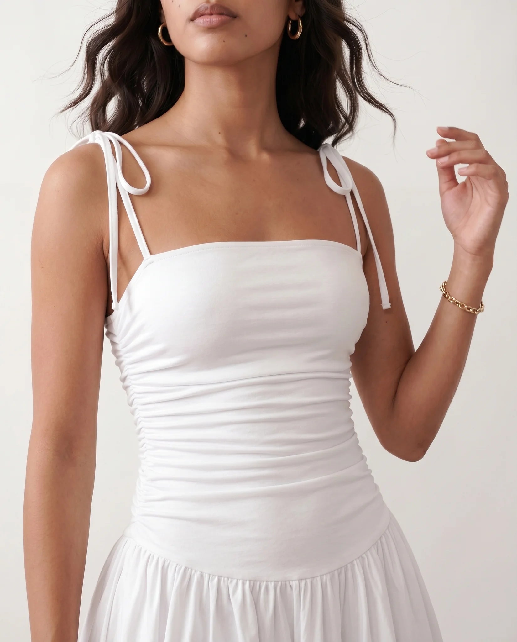 Pia Spaghetti Strap Square Neck Midi Dress in White — detail close-up