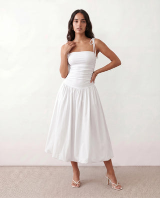 Pia Spaghetti Strap Square Neck Midi Dress in White — front view