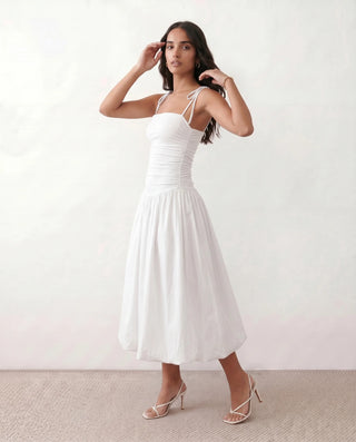 Pia Spaghetti Strap Square Neck Midi Dress in White — side view