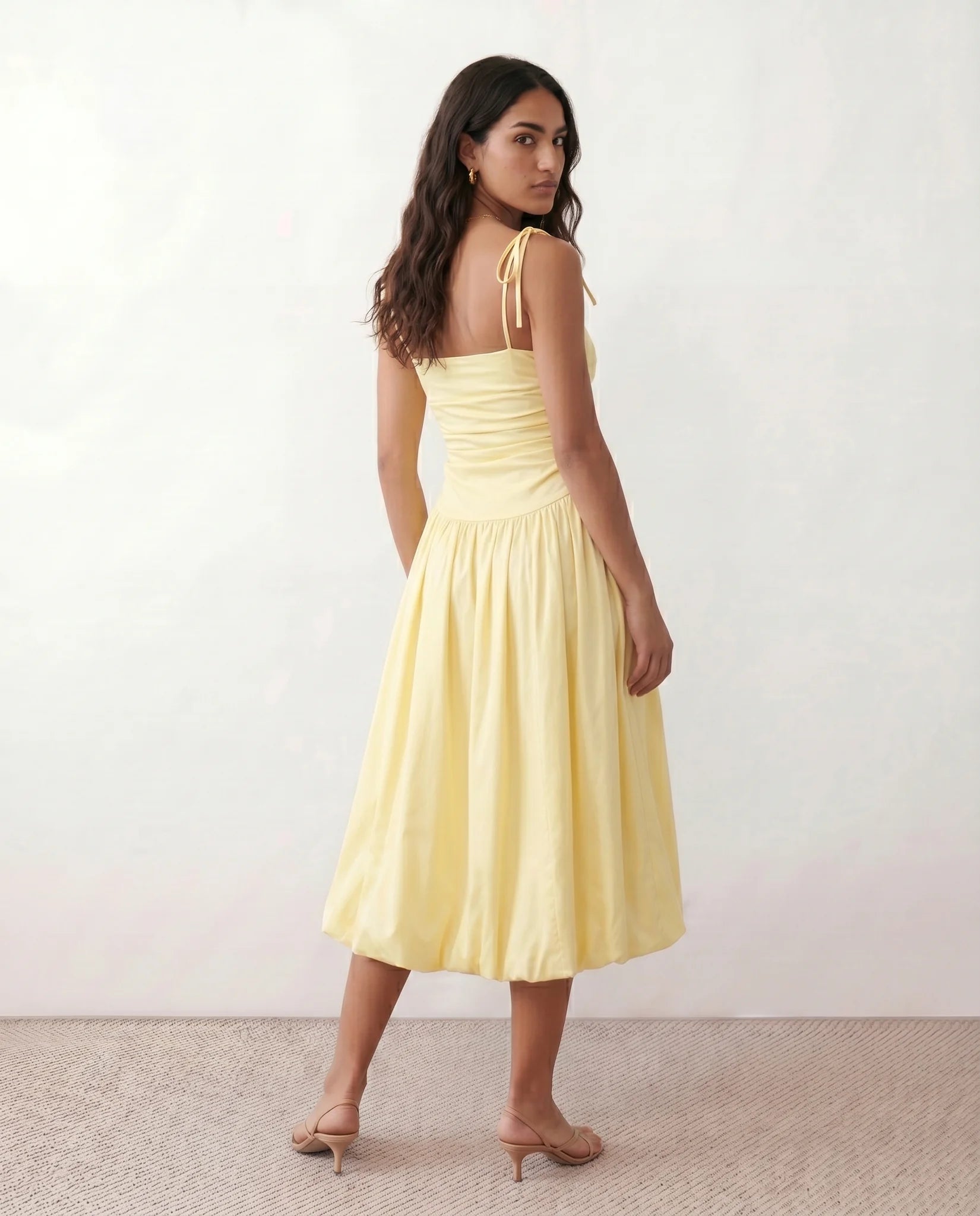 Pia Spaghetti Strap Square Neck Midi Dress in Yellow — back view