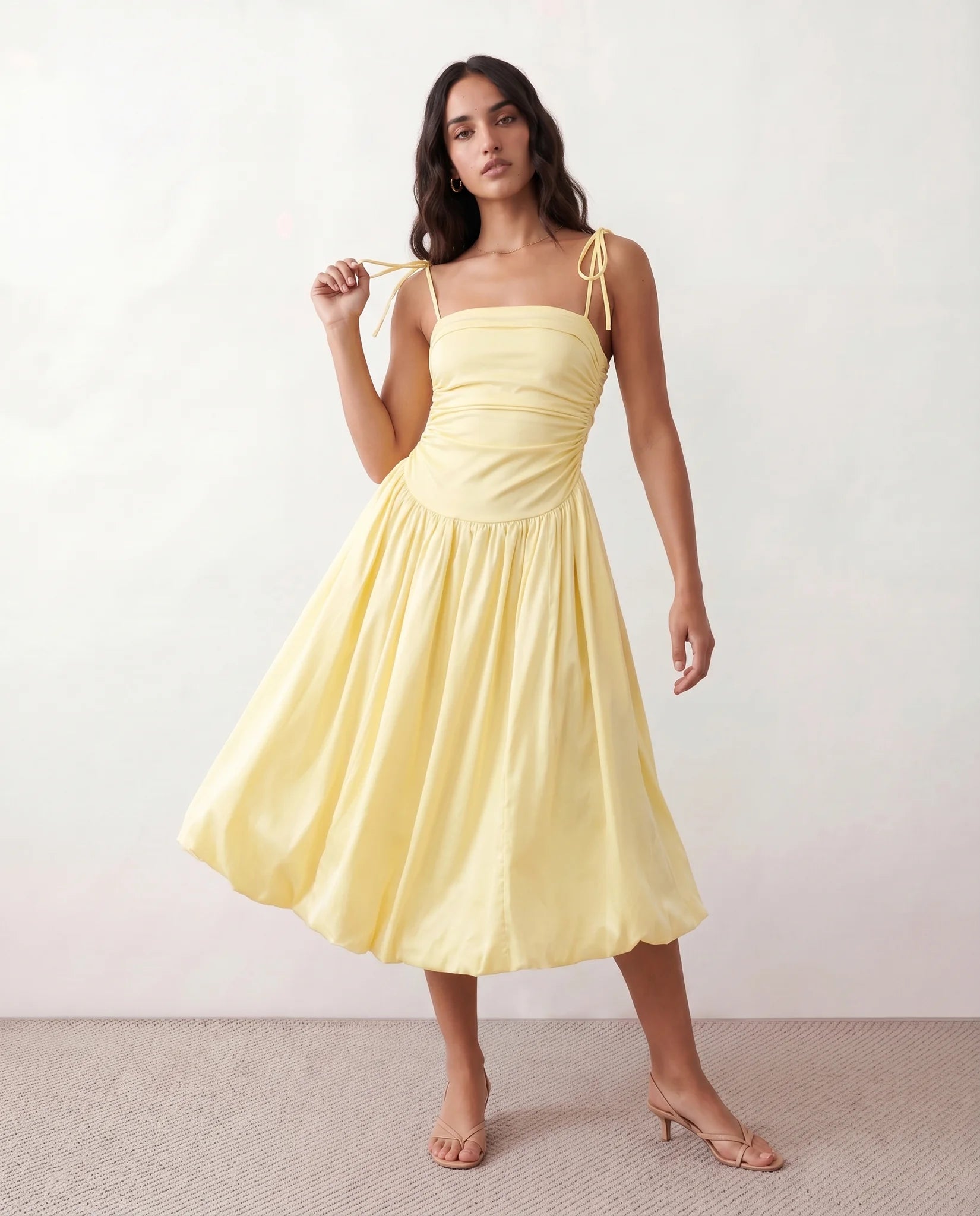 Pia Spaghetti Strap Square Neck Midi Dress in Yellow — front view