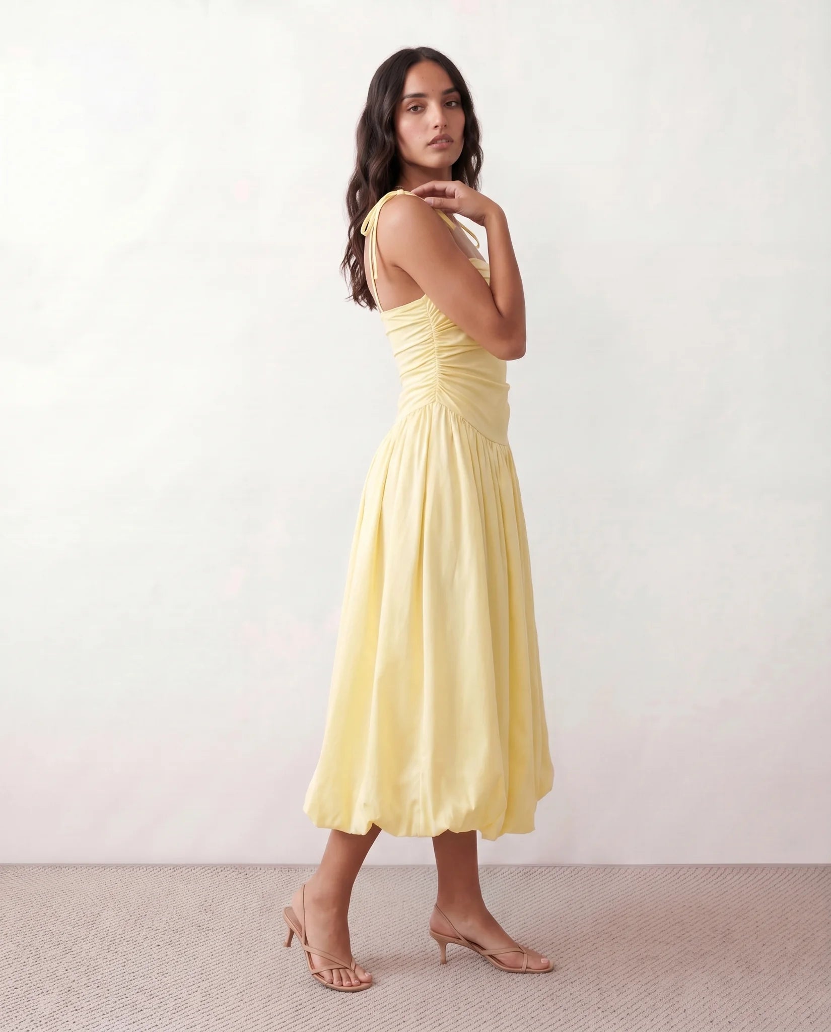 Pia Spaghetti Strap Square Neck Midi Dress in Yellow — side view