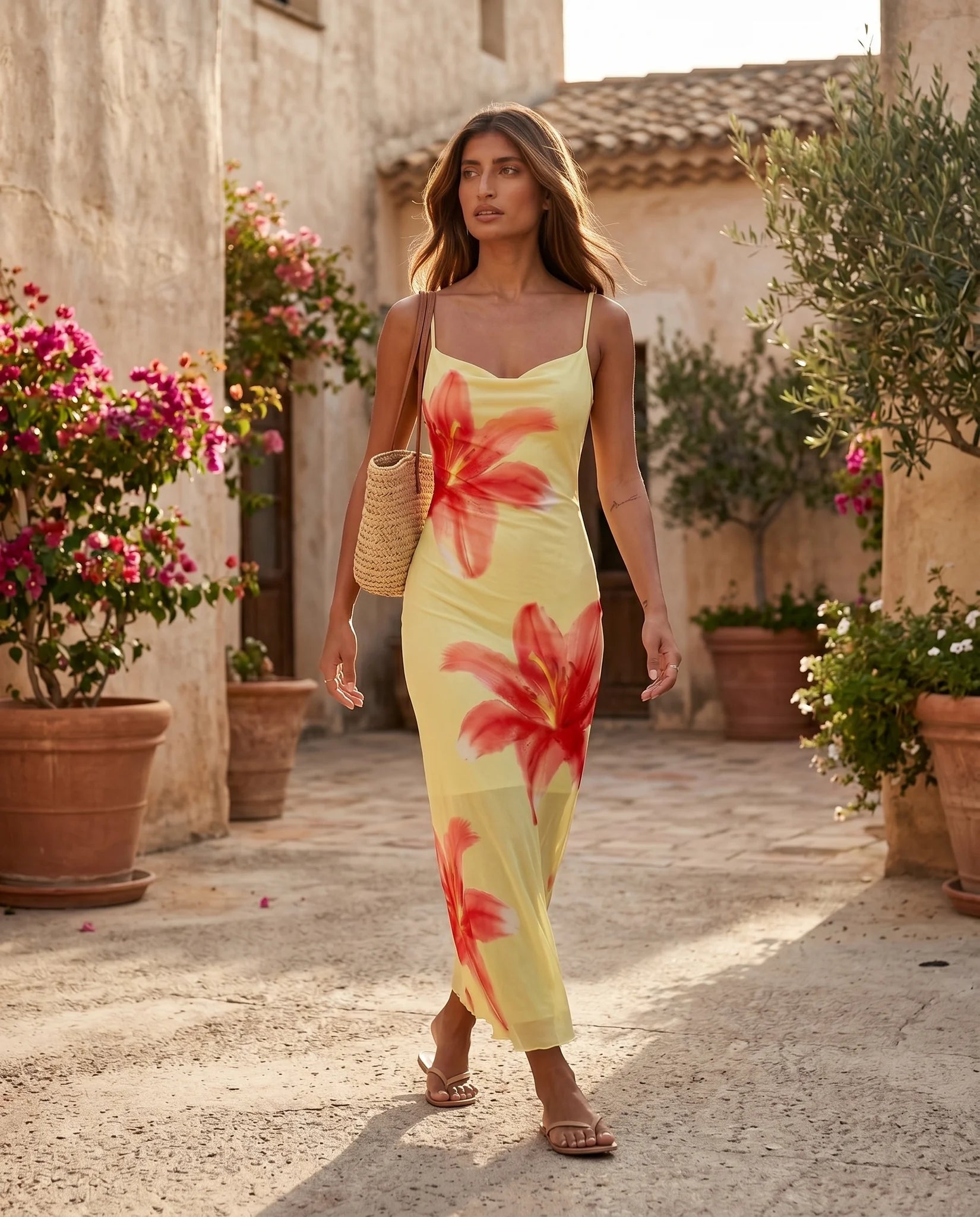 Iris Slip Floral Maxi Dress in Floral Yellow — lifestyle movement view