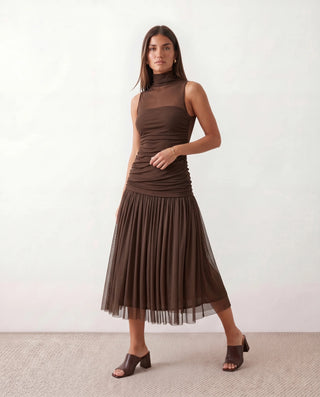 Jolie Cocktail Pleated Midi Dress in Brown — front view