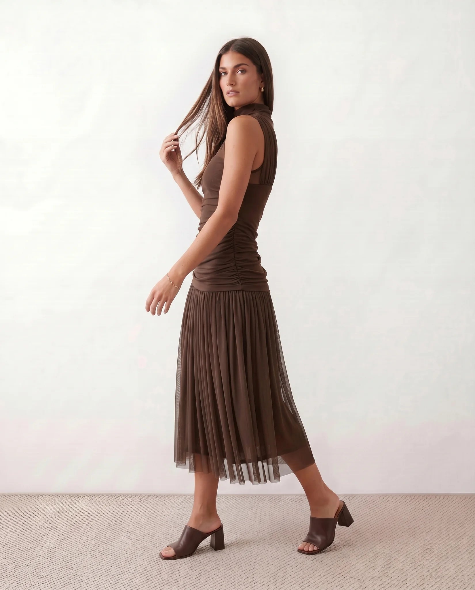 Jolie Cocktail Pleated Midi Dress in Brown — side view