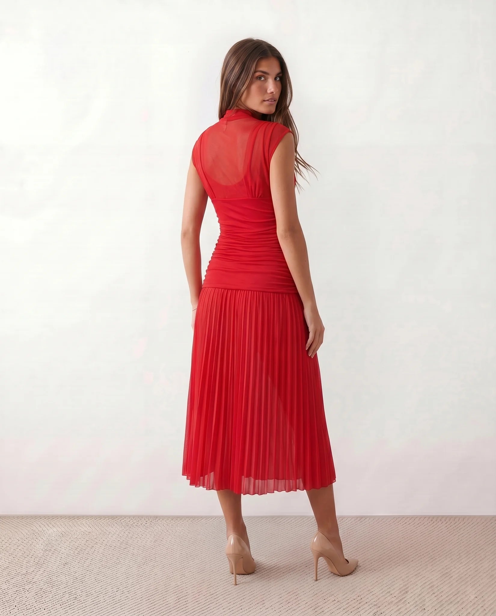 Jolie Cocktail Pleated Midi Dress in Red — back view