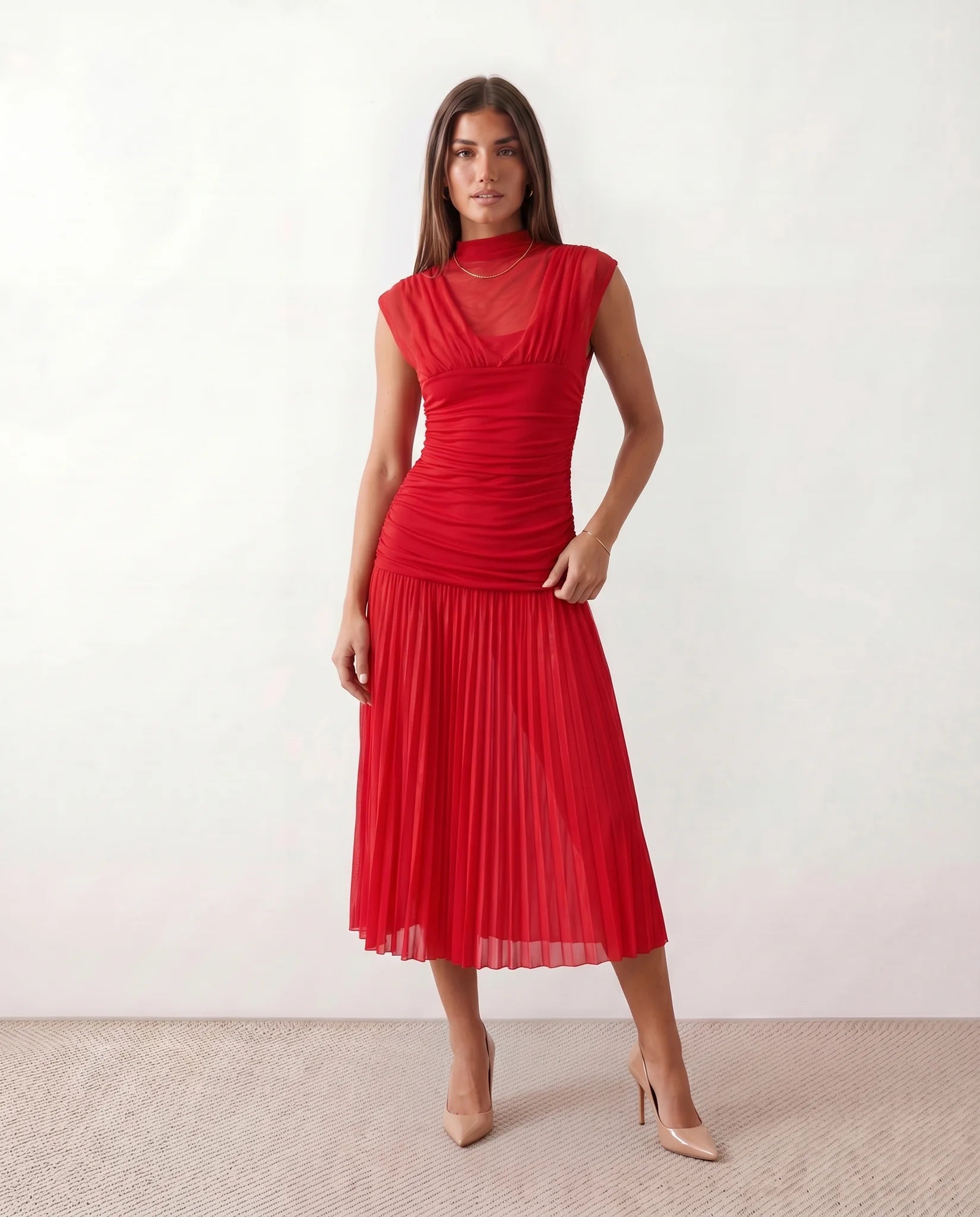 Jolie Cocktail Pleated Midi Dress in Red — front view