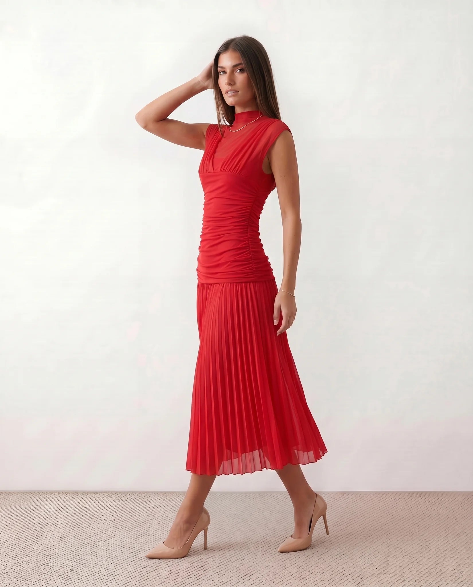 Jolie Cocktail Pleated Midi Dress in Red — side view