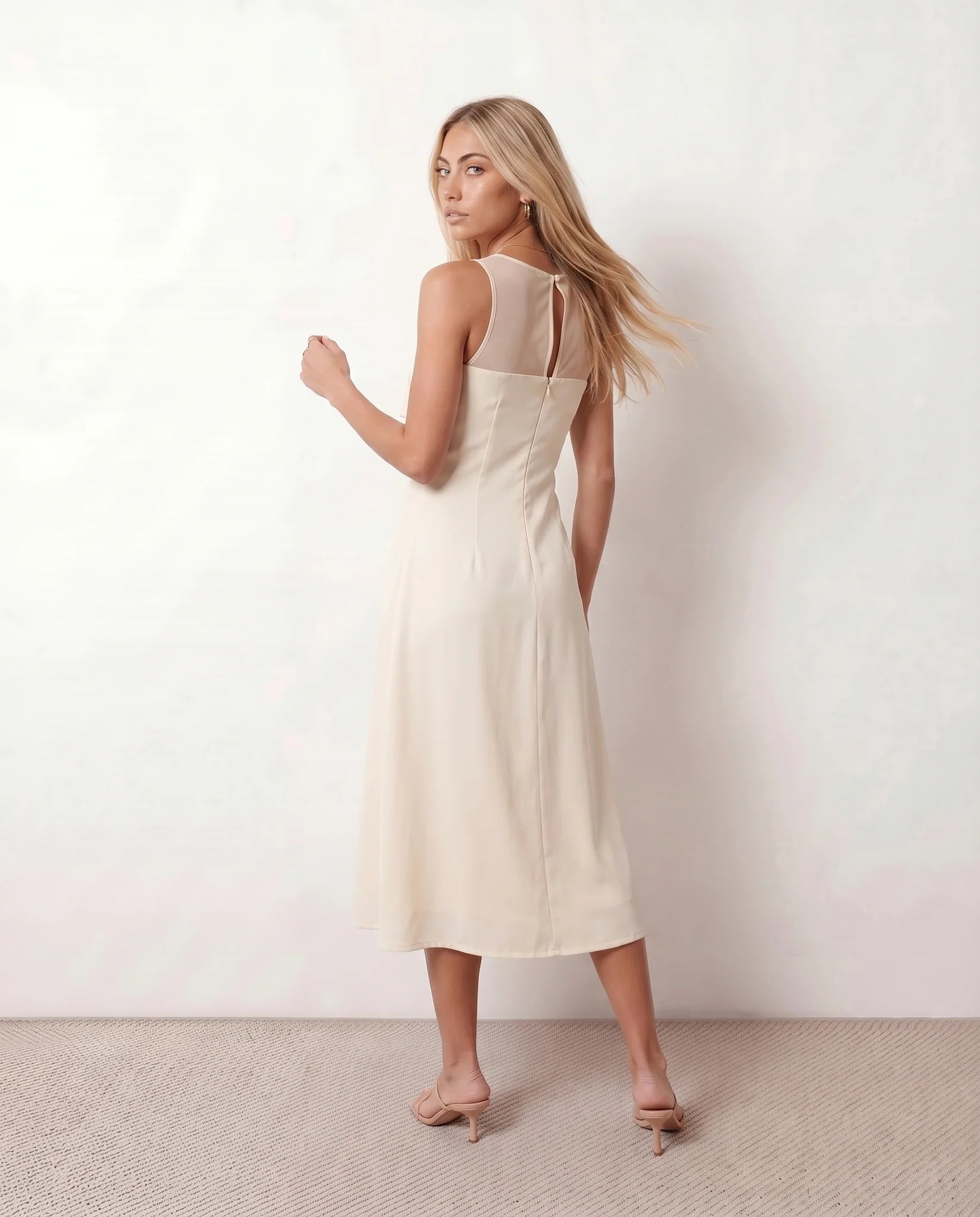 Selah Wedding Guest Spaghetti Strap Midi Dress in Beige — back view