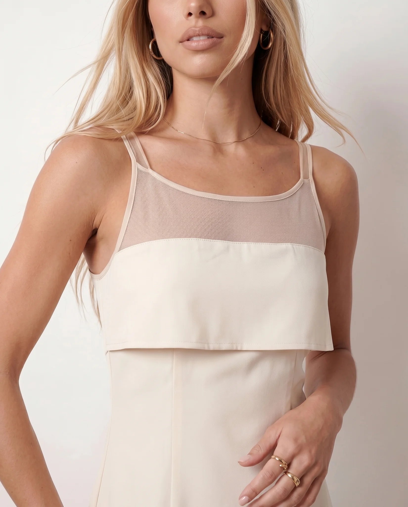 Selah Wedding Guest Spaghetti Strap Midi Dress in Beige — detail close-up