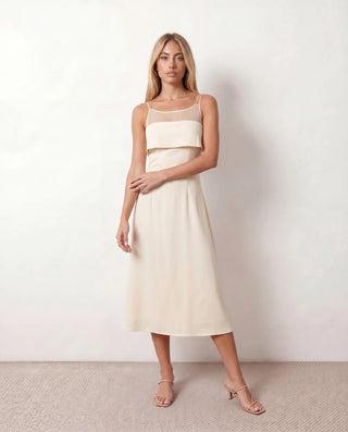 Selah Wedding Guest Spaghetti Strap Midi Dress in Beige — front view