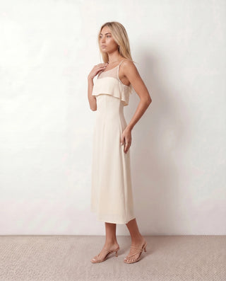 Selah Wedding Guest Spaghetti Strap Midi Dress in Beige — side view