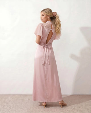 Zoe Wedding Guest Glossy Maxi Dress in Pink — back view