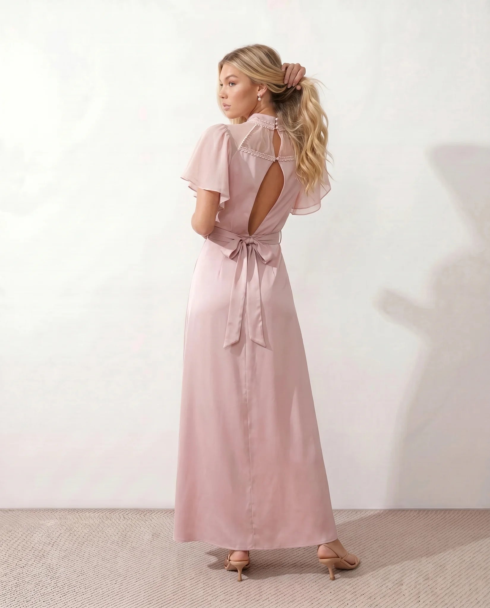 Zoe Wedding Guest Glossy Maxi Dress in Pink — back view